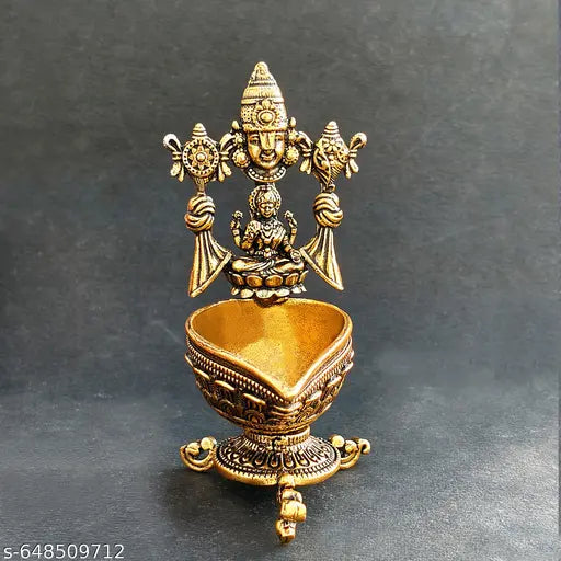 Brass Diya for Pooja | Home Temple Puja & Decor Gifting | 3 inch Pure Brass Table Diya (Gold) Antique Brass Tirupati Balaji Lakshmi Decorative Diya | Traditional Pooja Deepak | Mandir Home Decor Oil Lamp