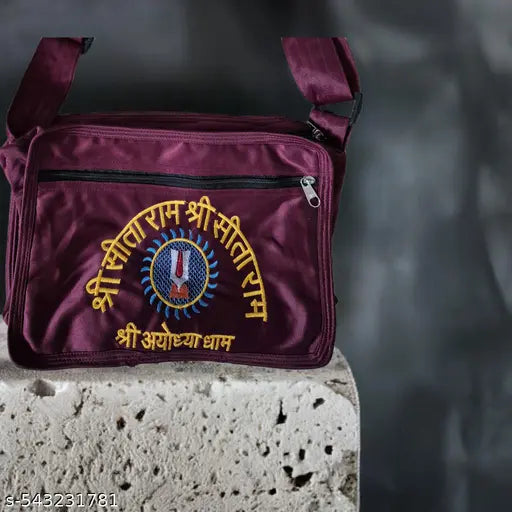 Maroon Shri Sita Ram Ayodhya Dham Embroidered Devotional Shoulder Bag for Men & Women[9x12]