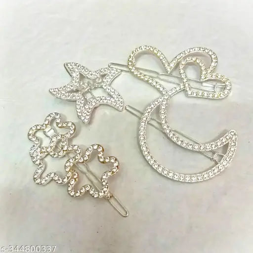 MYSTEVVA Korean Fashion Style Pearl Rhinestone Zarkan work Metal Hair Clips Hair Pin Stylish Hair Accessories Jewellery For Women's And Girls (Pack Of 4), SILVER