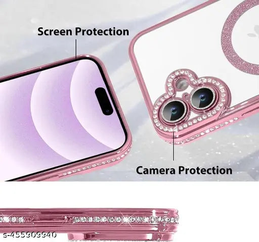 i-phone 16 Clear Magnetic Diamond Glitter Case with Full Camera Protection Rhinestone Luxury Plating Bling Transparent for Magsaf Women Girls Cute Phone Case Cover (Pink)