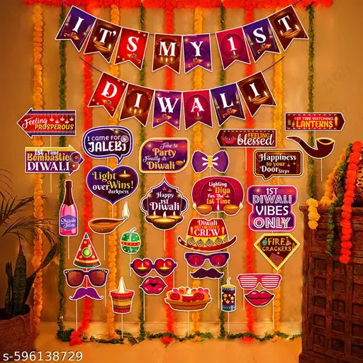 Zyozi® 1st Diwali Party Decorations, First Diwali Backdrop Decoration Kit Paper Banner & Photo Booth Props, Happy Diwali Decorations Kit for Home (Pack Of 31)
