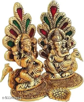 A&S VENTURES Laxmi Ganesh Idol Statue with Diya Peacock Design Decorative Showpiece for Diwali pooja , Temple , Gifting - 14 cm (Metal, Gold) (Laxmi Ganesh Gold)