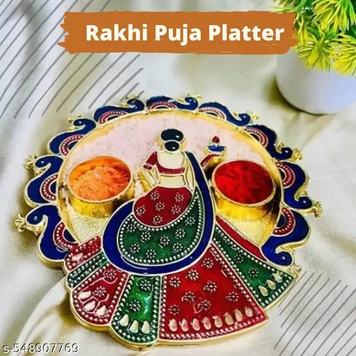 Shople India Handcrafted Meenakari Decorative Pooja Thali Set | Gold Plated Multicolor Puja Thali with Kumkum Chandan Haldi Holders | Ideal for Diwali, Rakhi, Home Mandir, Wedding Return Gift |  Rakhi  Gift for  Bhabhi