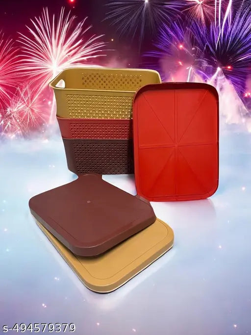 Royal Basket With lids-Large (Pack of 3 with 3 lids) Multipurpose Plastic Storage Rectangular Shape Baskets For Wardrobe/Home/Kitchen