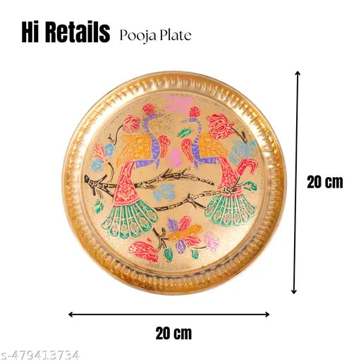 Pure Brass Plate Thali Serving Purpose Engraved Peacock Design 8 Inch Pack of 4