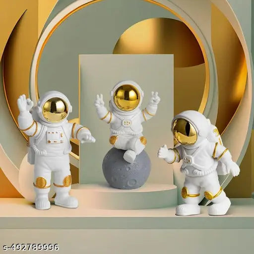 AccuPrints 3 Pcs Astronaut Figurine Home Decor Astronaut Statue Study Office Desk Decor Showpiece Gift Decoration Accessories Outer Space PVC Sculpture (Golden)