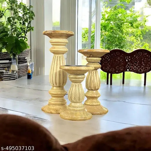 A piece of wood Decorative Wooden Pillar Candle Stand, Set of 3 – Hand Crafted Wood Candle Holders for Living Room, Table Centerpiece, Mango Wood Medium Polish Finish (SIZE1(10', 8', 6'))