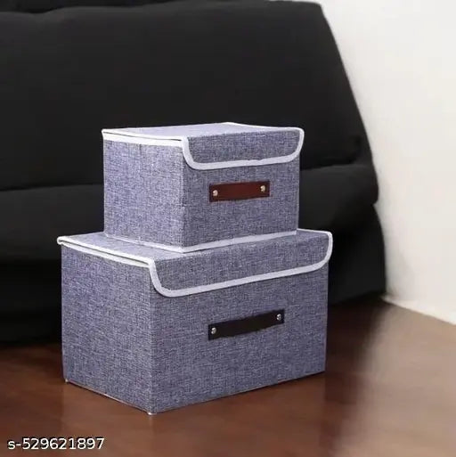 Non Woven Small and Large Foldable and Collapsible Storage Box Wardrobe Closet Organizer Stackable Basket/Bins with Lid Handle for Clothes | Toys | Books (Dark Grey, Combo of 2)