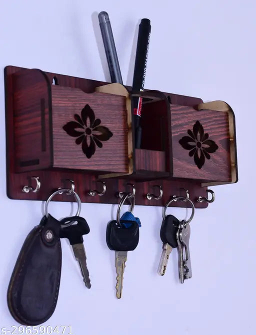 RA DESIGNER flower design Mobile Holder, Pen Stand & Wood Key Holder (7 Hooks, Brown)