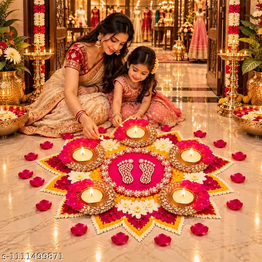 Brass Floral Rangoli with Diyas & Charan Paduka | Diwali Home Decor