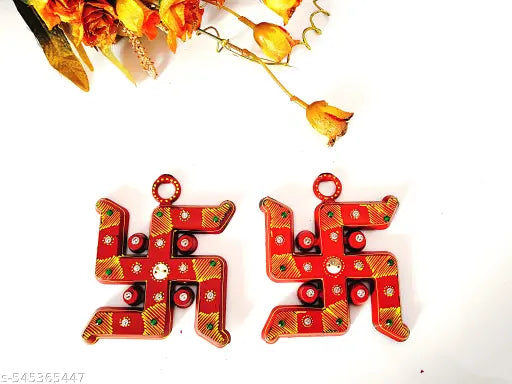 RG Set of 2 Swastik Wall Hanging for Home Entrance, Temple & Festive Decor | Handcrafted Decorative Auspicious Symbol with Beads & Stone Work for Diwali, Navratri, Housewarming, Vastu & Pooja Room