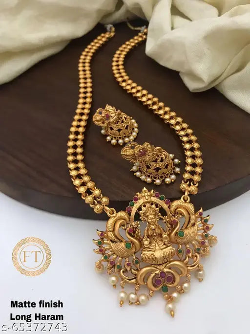 Traditional Temple Long Haram Necklace Set for Women | Gold Plated Matte Jewellery