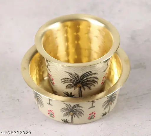 I M HANDICRAFT PRESENTED Brass Coffee Dabara Mirroring Coconut Tree printed Pure Brass South Indian Filter Coffee Set | Enamel Meena Printed Tumbler & Dabara Set | Traditional Brass Coffee Cup with Luxurious Gold Finish (Set of 1 Tumbler, 1 Dabara)