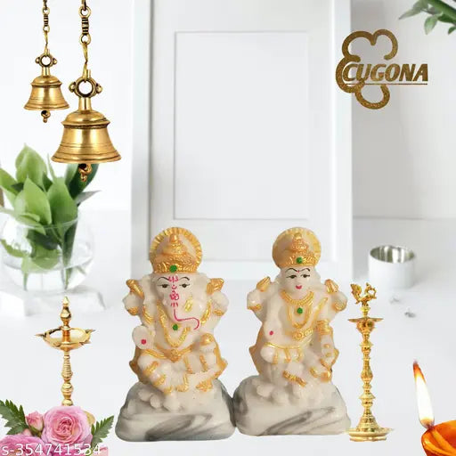 Marble Finish Laxmi Ganesh Idol for Home puja MATA Laxmi Ganesh Ganesha Ganpati golden design Marble Statue Idols Murti for Pooja Room & Gift Items (Polyresin - 10 Cm)  ganesh lakshmi ki murti