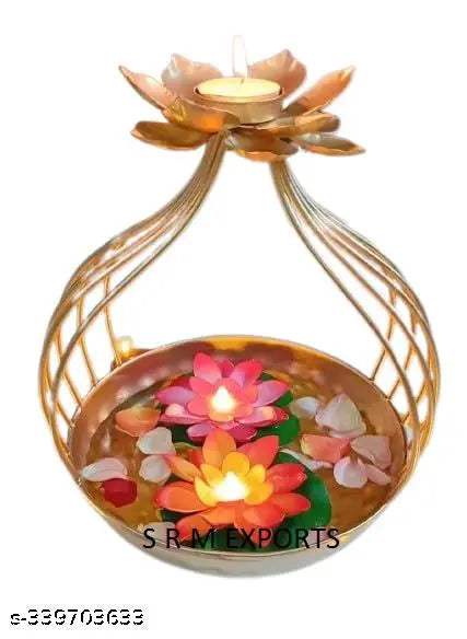 New Antique Design Tealight Urli Flower Golden, Flower Design Urli Bowl with Tealight Candle Holder - Table Decoration for Diwali, Christmas, and New Year