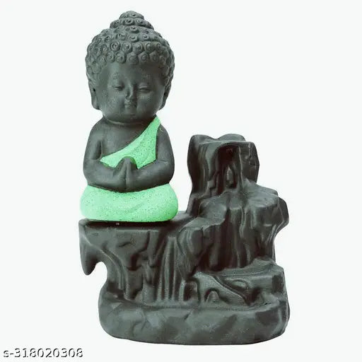 Green budha smoke fountain incense burner Meditating Monk Buddha Smoke Backflow Fountain Cone Incense Holder Decorative Showpiece with Free 15 Smoke Backflow Scented Cone Incense ( Green)