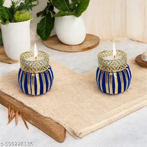 Decorative Tea Light Candle Holders – Set of 2(multicolor) Handmade Velvet Diya Holders with Golden Design for Home Décor, Diwali, Pooja & Festive Decoration