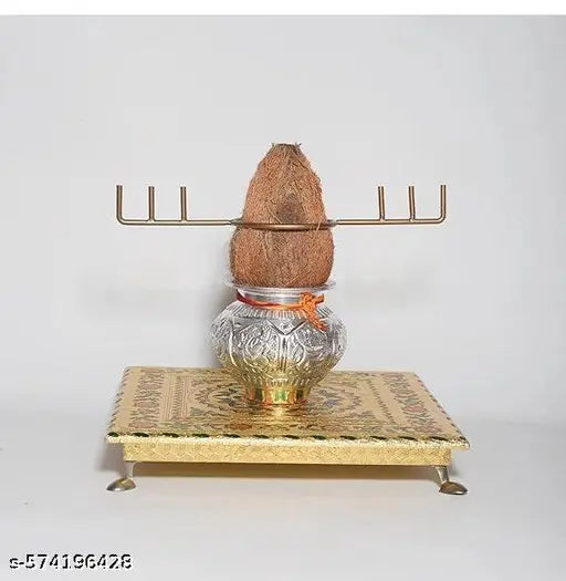 Metal Kalash Kadi with 5 Point Crown Stick, Kalasam Flower Stand Sticks for Varalakshmi Pooja & Home Temple Decoration (Gold)(12 * 4inch)