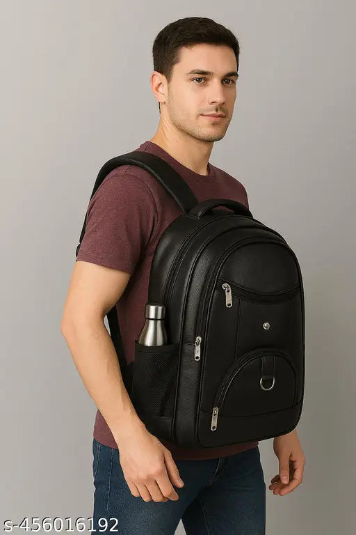 Size: M (15-30L) Zerus Black PU Leather Laptop Backpack for Office School College | Unisex 15.6" Stylish Business Bag for Men & Women