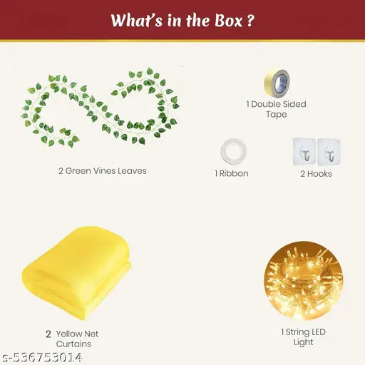 Diwali Decoration Items for Home Decor with Yellow Backdrop Cloth for Decoration, Lights & Artificial Vines, Ganesh chaturthi Decoration Items for Home Decor, Diwali Decor- 9 Items