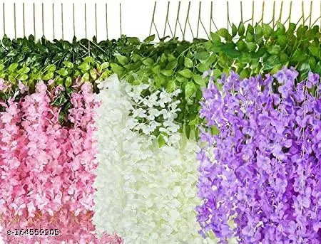 Creativo Pack of 12piece Artificial Vine Fake Pink, Purple & White Wisteria Hanging Garland Long Hanging Bush Flowers, String Home, Party Decor (4-Pink, 4-Purple, 4-White)