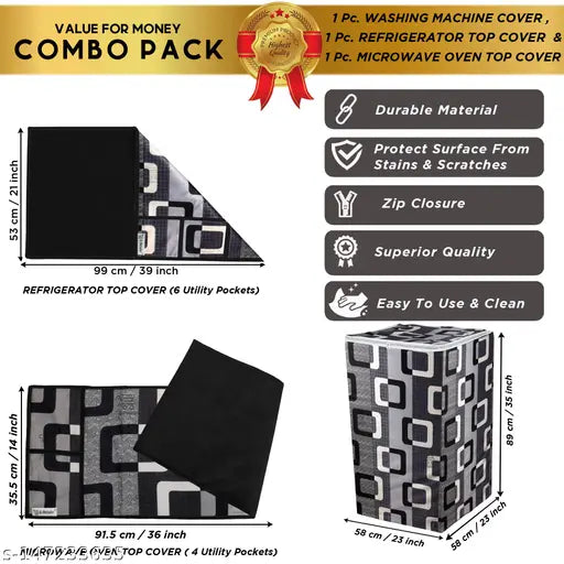 E-Retailer® Exclusive 3-Layered Polyester Combo Set of Appliances Cover (1 Pc. of Fridge Top Cover,  1 Pc. of Microwave Oven Top Cover and 1 Pc. Top Load Washing Machine Cover) (Color-Black, Design-Geometric, Set Contains-3 Pcs.)