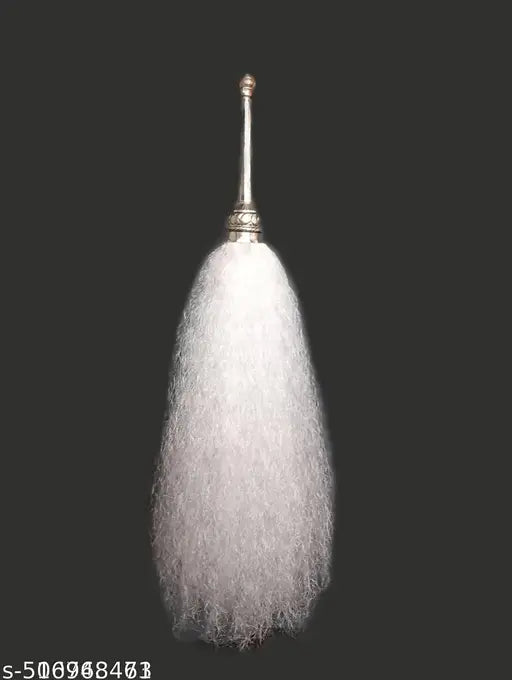 White Puja Chavar with Silver Handle–  for Puja, Chawar, Dhoop, Mandir, Home & Office Decor