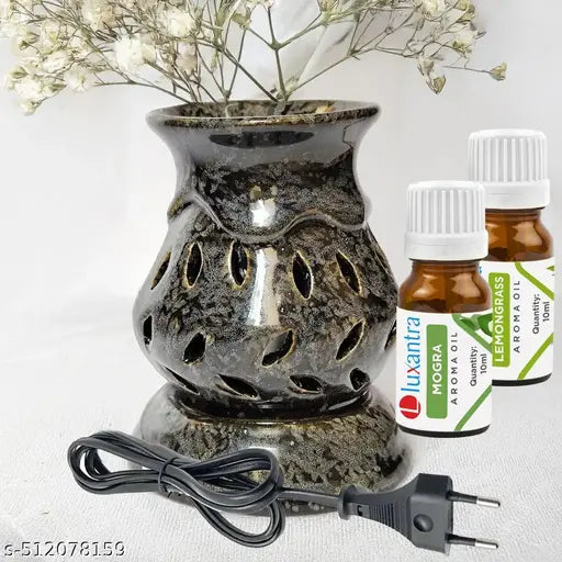 Luxantra Handcrafted Ceramic Aroma Diffuser Electric Oil Burner | Night Lamp Light | Aroma Oil Diffuser for Home office spa with Aroma Oils, Black Color (Mogra and Lemongrass Fragrance of 10ml Each) 9x9x11cm