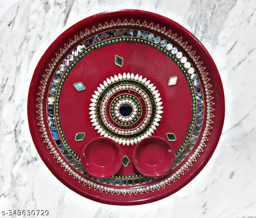 Handcrafted Decorative Pooja Thali Set | Puja Thali for Aarti   (Red -10.5 Inch)