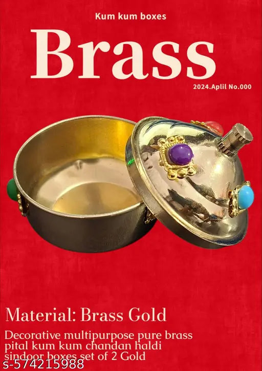 Decorative multipurpose pure Brass pital Kumkum chandan haldi Sindoor Boxes, Traditional Roli Chawal Puja item Container, dibbi,dabbi with cap,Set of 2, Gold