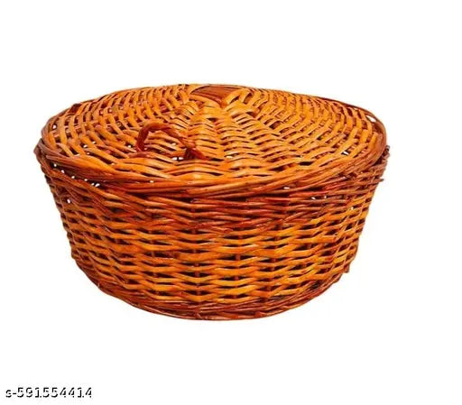 "Natural Wicker Roti Basket 10 Inch with Lid - Traditional Indian Chapati Warmer, Handwoven Bread Serving Bowl, Eco-friendly Kitchenware"