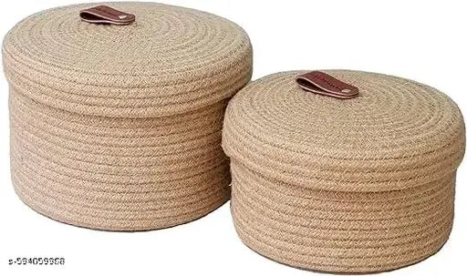 Talib Textile Purpose Essential Jute Basket with Lid Beige Color Storage Baskets For Bathroom Living room & Kitchen Organiser box vanity box first aid box (Pack of 2) 28x18cm and 13x23cm