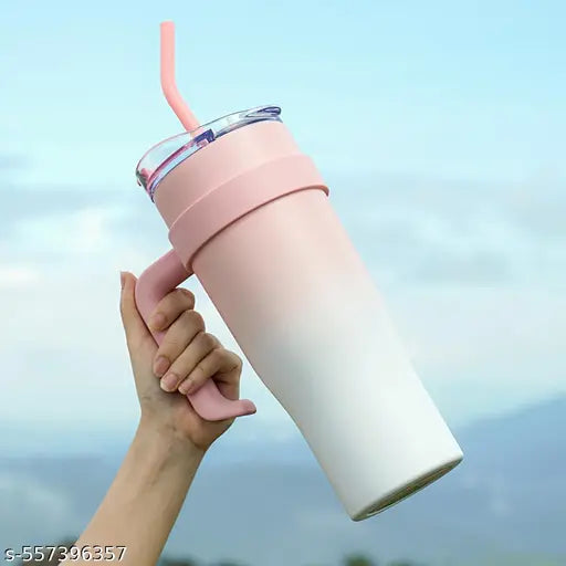 1200 ML Tumbler with Handle and Straw Lid, Pink White Insulated Travel Mug Iced Coffee Cup, 304 Reusable Stainless Steel Insulated Water Bottle, Keep Cold and Hot Water for Hours