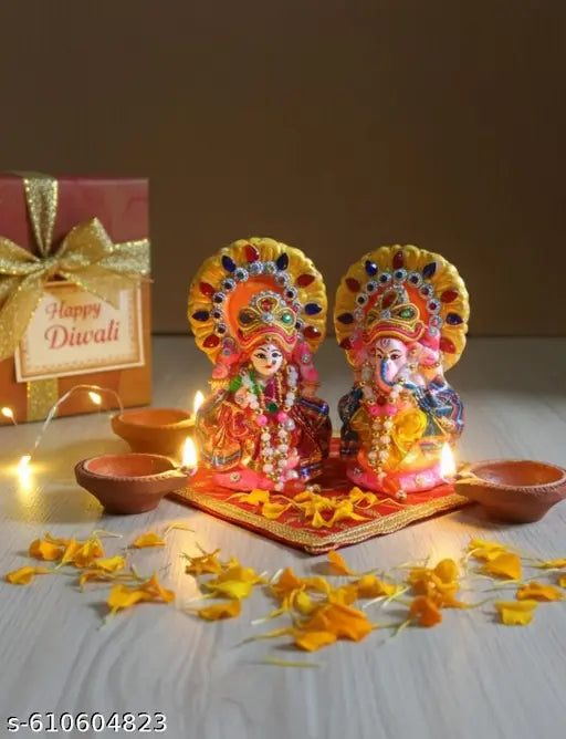 Laxmi Ganesh Ji Idols for Diwali Puja & Gift - Handcrafted Ceramic Figurines with Multicolor
