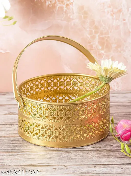 ET Expo-Trends® Flower Basket | Pooja Basket with Handle | Dolchi Basket for Puja Brass Traditional Round Shape Pooja Basket/Pooja Dalia (8 Inch)