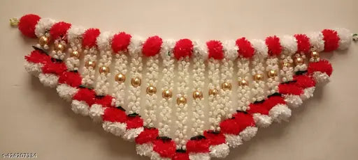 Artificial Marigold Fluffy Toran Flowers Garlands Door Toran Set | Handmade garland Door Hangings for Decoration white , red ,with gota balls  bandarwal 1 pics 40 cm