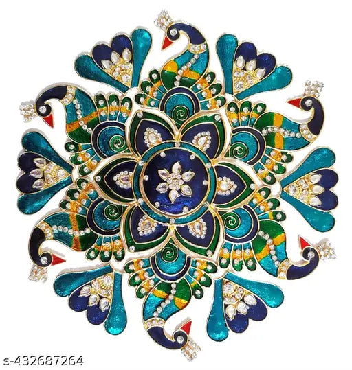 Kala Samarpan Foldable Metal Rangoli with Meenakari Peacock Design | 8x8 Inch | Multicolor | Easy to Use