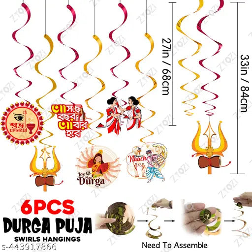 Zyozi® Happy Durga Puja Decorations Combo | BackDrop Decorations Items - Paper Banner, Photo Booth Props & Swirls Hangings | Decorative Items for Durga Puja (Pack Of 30)