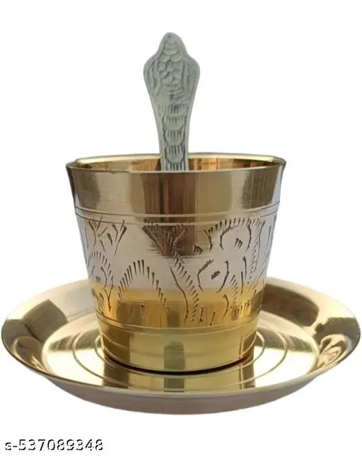 Brass Antique Panchpatra Set with Achamani & Thali | Indian Traditional Handcraft Panchpatra with Spoon & Plate for Pooja, Temple, Diwali (4cm)