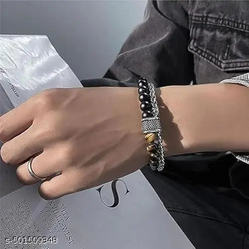 AJS Bracelet For Men Beads Mens Jewellery Stylish Charm Tiger Eye's Stone Adjustable Chain Bracelet For Men Boys Accessories For Men Valentine Gift For Boys Anniversary Gift for Husband