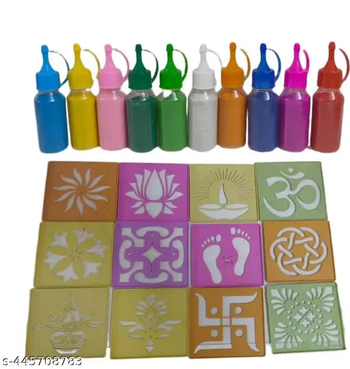 RPA  Rangoli Colour Powder Tube Kit with Stencil, Diwali Decoration Items Bottles Tool Floor Art Rang for Home Pongal Pooja Mandir Decor (12 Stencil, 10 Rangoli Bottles)