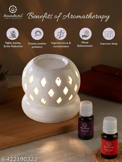 Aroma Diffuser for Home Fragrance| Aroma Burner for Aromatherapy| Home Decor| Aroma Oil Warmer electric Ceramic Diffuser for Room Fragrance (Set of 1, Fragnance-Rosy Romance, English Lavender 10ML Each)