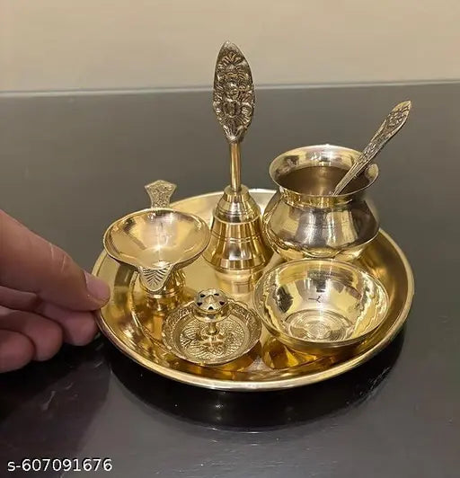 Brass Pooja Thali Set with Bell, Bowls and Spoon, Traditional Hindu Worship Plate, Gold Finish