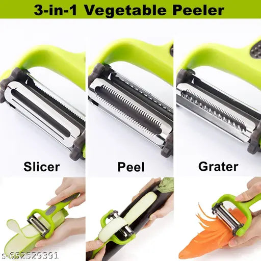 3 in 1 Rotary Multi-Functional Peeler, Suitable for Vegetable and Fruit, with Serrated Blade + Straight Julian Stainless Steel, Anti-Slip Handle Design, Slicer Kitchen