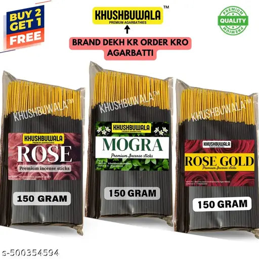 3 IN 1 Premium Agarbatti combo 450 Gram Rose Mogra and Kewda incense sticks for Puja