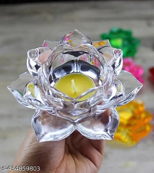 CROCKERY MALL Premium Glass Lotus Flower Tea Light Candle Holder  Exquisite Crystal Diya for Diwali  Perfect and Creative Decoration in Dipawali, Christmas, Eid, Wedding Party  Best Gift Pack of 1 pcs