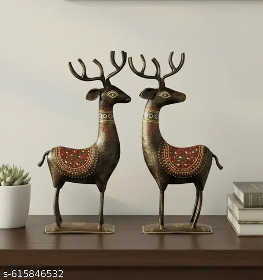 Handcrafted Antique Metal Deer Showpiece Pair for Home Decoration