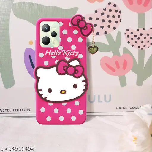 Asgeot Luxuary Cover For Realem C35 4G Cute Hello Kitty Soft Case with 3D Kitty Face And Golden Pendant (Pink)