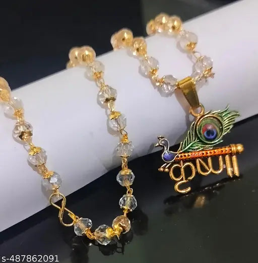 Trending stylish new hindu religious gold plated Radhe Shyam Krishna locket with Crystal mala chain pandent Necklace for boys/men and girls/women