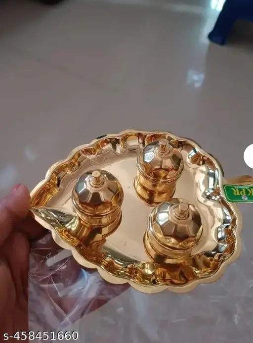 Brass Leaf Shaped Karanda Puja Rituals Roli Chawal Akshat Dibbi Chandan Chopala Puja Thali Set Elaichi Mishri Haldi Kumkum 3 Mug Holder,Kankavati for Home Temple pure Brass